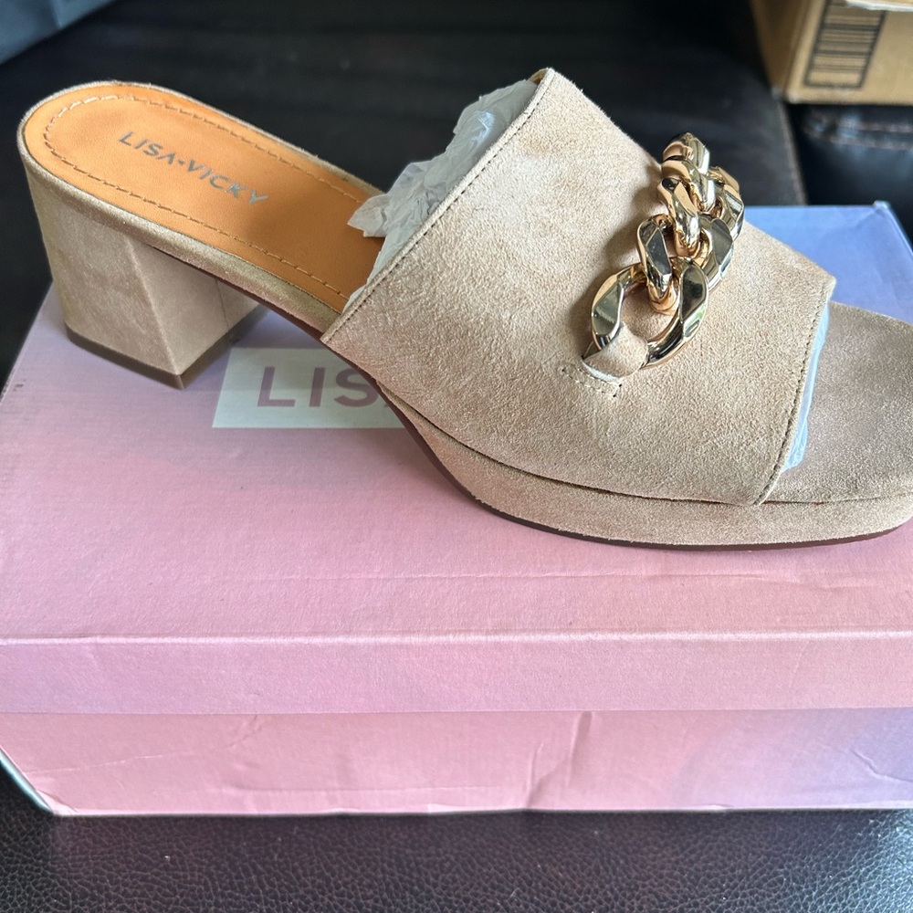 Tan Suede Mules with Gold Chain